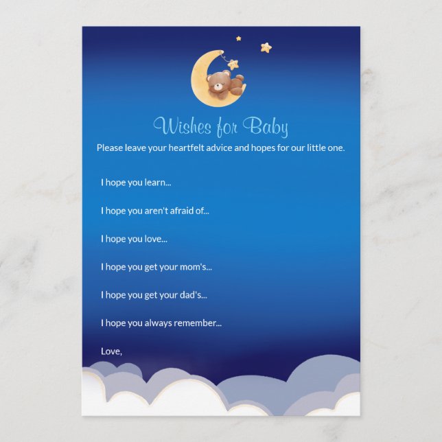 Tarjeta Pequeña Teddy Bear Moon Baby Shower Wishes For Baby (Anverso)