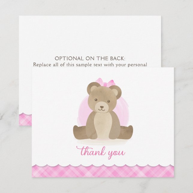 Tarjeta Pequeña Teddy Bear Watercolor Pink Baby Shower Gracias (Anverso / Reverso)