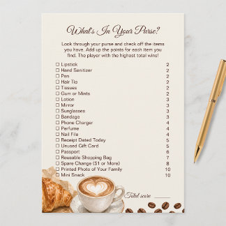 Tarjeta Pequeña Tema de café Qué hay en tu bolso Juego de ducha