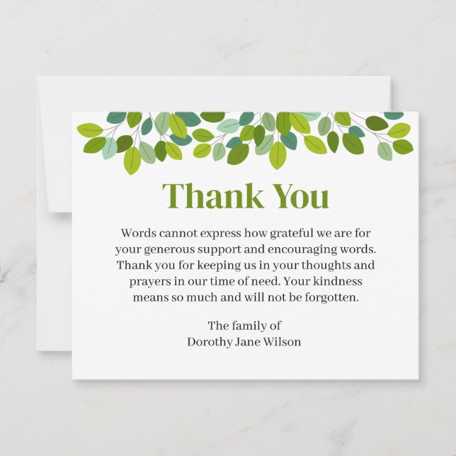 Tarjeta Pequeña Thank you Funeral Note Card Bereavement leaves (Anverso)