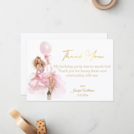 Tarjeta Pequeña thank you happy birthday gold script pink dress 