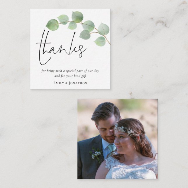 Tarjeta Pequeña TINY SIZEEucalyptus Script Photo Boda Gracias (Anverso / Reverso)