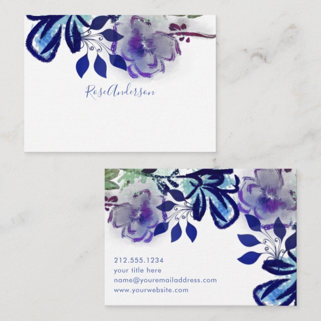 Tarjeta Pequeña Tipografía floral azul púrpura de moda (Anverso / Reverso)