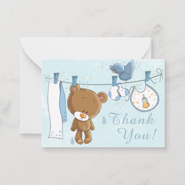 Tarjeta Pequeña Traje de Teddy Bear Blue Clothesline Gracias (Anverso)