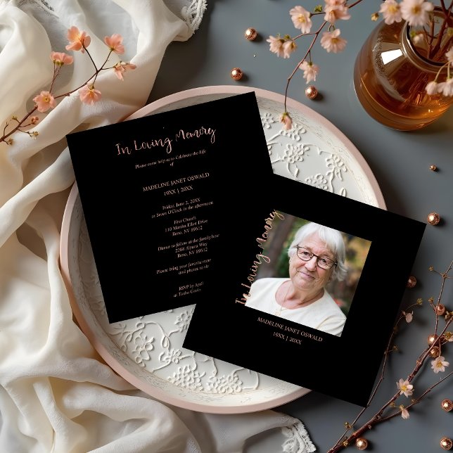 Tarjeta Pequeña Trendy Black Minimalist Custom Photo Funeral (Celebrate the Life of Our Loved Ones with a Cheerful and Elegant Minimalist Design.)