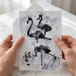 Tarjeta Pequeña Tres Flamencos Acuarela en Blanco y Negro