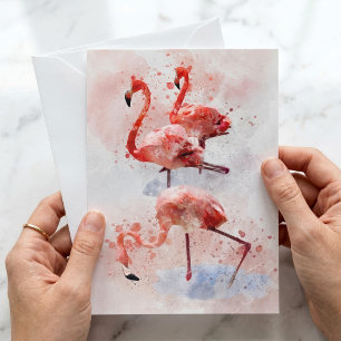 Tarjeta Pequeña Tres Flamingos Rosas en Impresión de Arte en Acuar