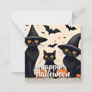 Tarjeta Pequeña Tres gatos negros con sombreros en Halloween