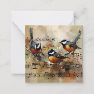 Tarjeta Pequeña Tres pájaros cantores en pintura de acuarela de pa