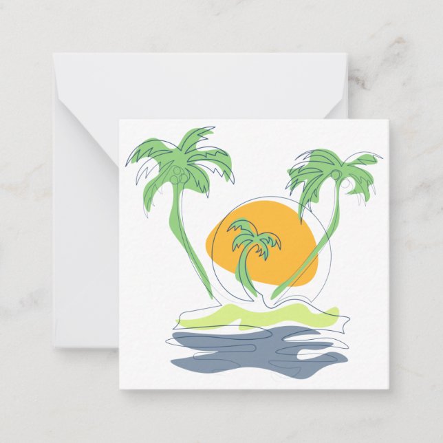 Tarjeta Pequeña Tropical island beach scenery. Outline palm tree (Anverso)