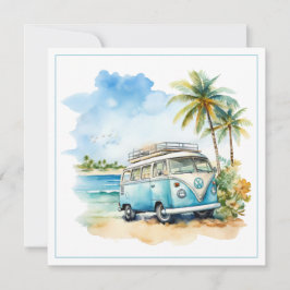 Tarjeta Pequeña Tropical Island Retro Blue Bus 