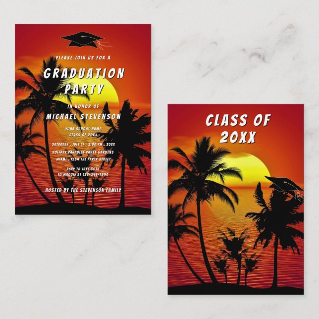 Tarjeta Pequeña Tropical Sunset Graduation Invitation template (Anverso / Reverso)