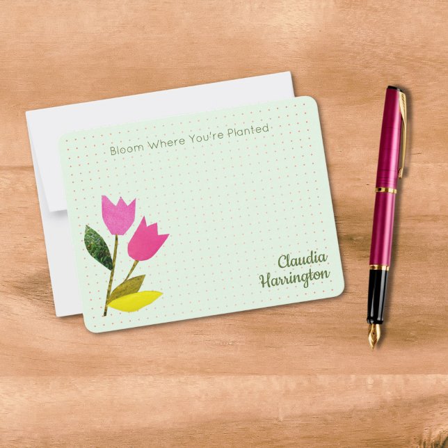 Tarjeta Pequeña Tulipanes rosados retro Pastel Peach Hand-Illustra (These cute mint green tulip note cards have my own tulips art and read "Bloom Where You're Planted.")