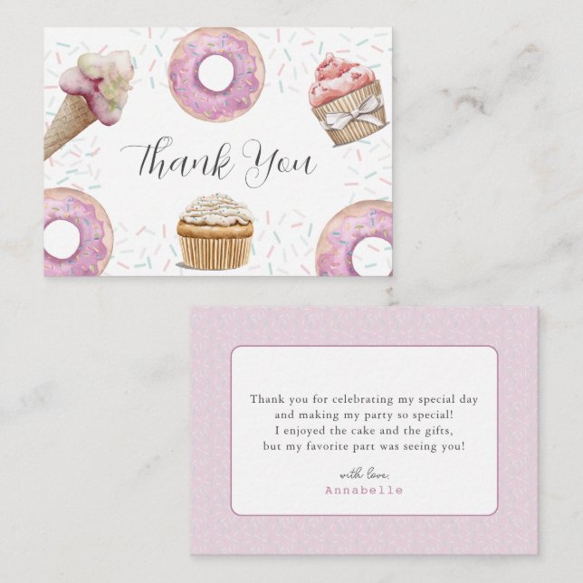 Tarjeta Pequeña Two Sweet Cupcake & Donuts Cumpleaños 2 Agradecimi (Anverso / Reverso)