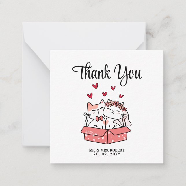 Tarjeta Pequeña Un gato lindo, novia y Boda de Groom gracias (Anverso)