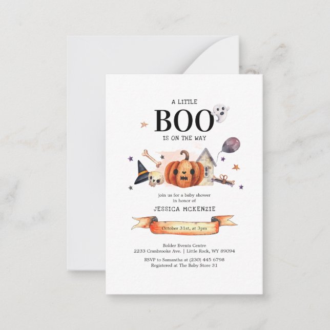 Tarjeta Pequeña Un pequeño boo en camino Baby Shower de Halloween (Anverso)