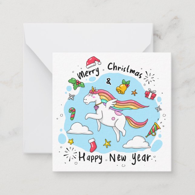 Tarjeta Pequeña Unicorn Feliz Navidad/Feliz Año Nuevo (Anverso)