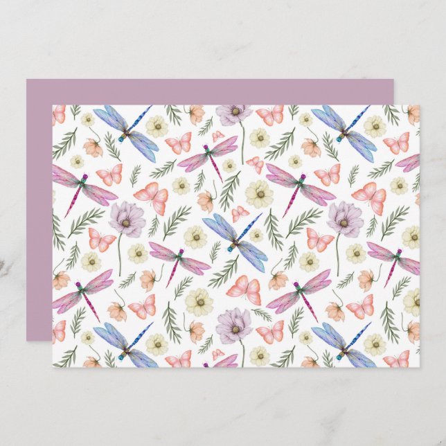 Tarjeta Pequeña Unique Dragonflies & Butterflies Note Card (Anverso / Reverso)