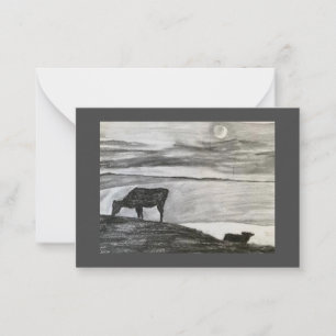 Tarjeta Pequeña Vacas 🐮 En Un Campo Bajo La Luna 🌕