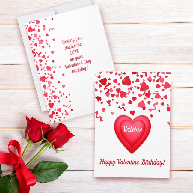 Tarjeta Pequeña Valentine Birthday Corazones de Confetti Rojo Mode (Valentine's Birthday Note Card with fun red confetti hearts design that you can personalize..)