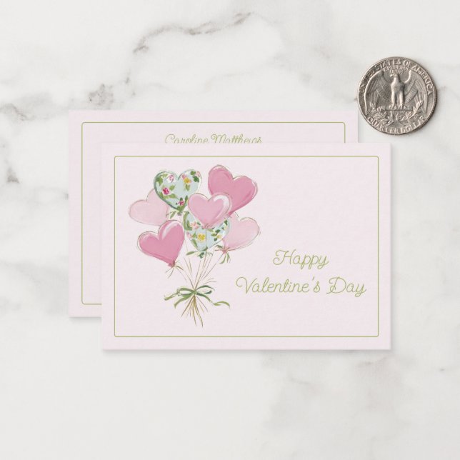 Tarjeta Pequeña Valentine's Heart Pink and Green Heart Balloons (Anverso/Reverso In Situ)