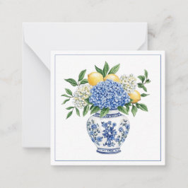 Tarjeta Pequeña Vase Chinoiserie azul y blanco con hidrangeas