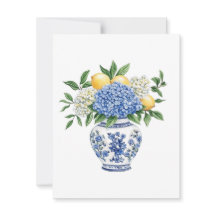 Vase Chinoiserie azul y blanco con hidrangeas