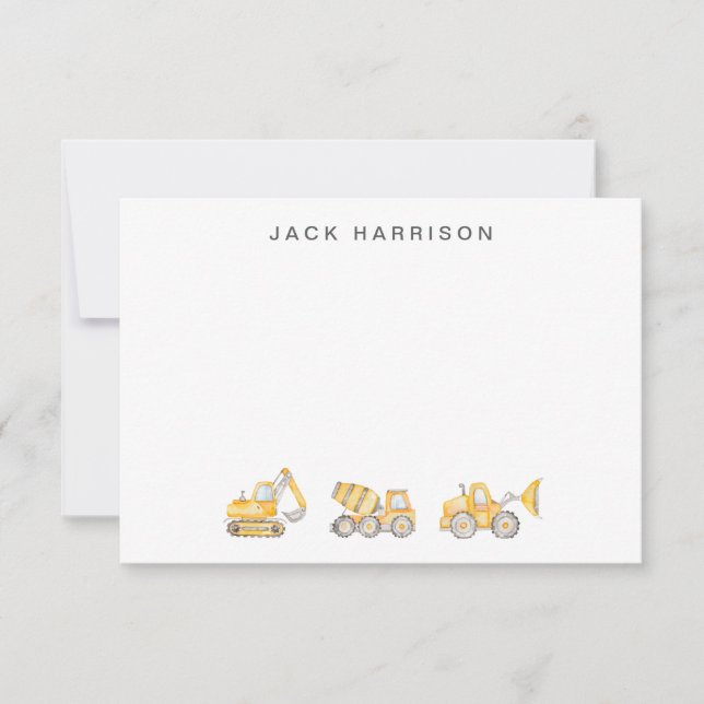 Tarjeta Pequeña Vehículos de construcción Niños acuarelas Monogram (Anverso)