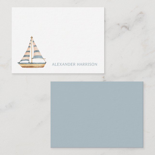 Tarjeta Pequeña Velero de franja azul acuarela (Anverso / Reverso)