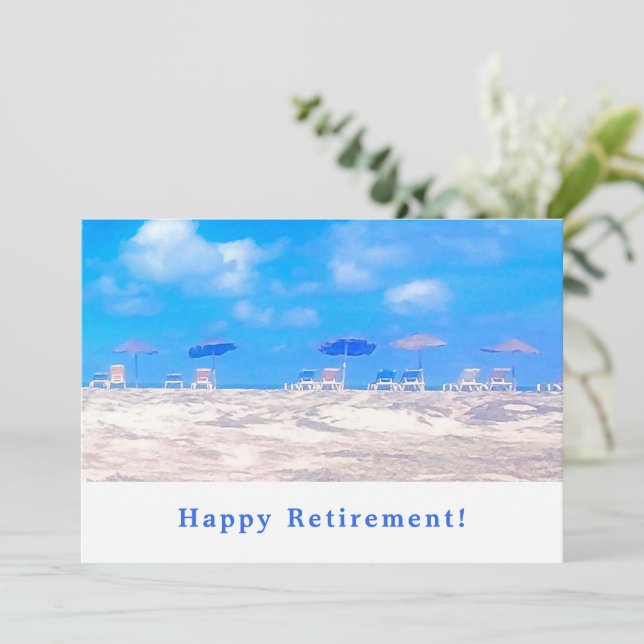 Tarjeta Pequeña Verano Beach Blue White Feliz Jubilación (Anverso de pie)
