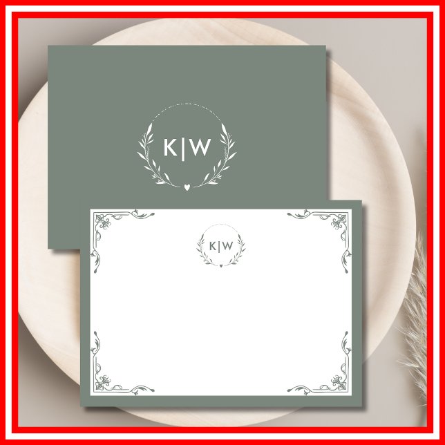Tarjeta Pequeña Verde sabio y blanco | Monograma de Iniciales Mode (Sage Green and White | Modern Initials Monogram Note Card)