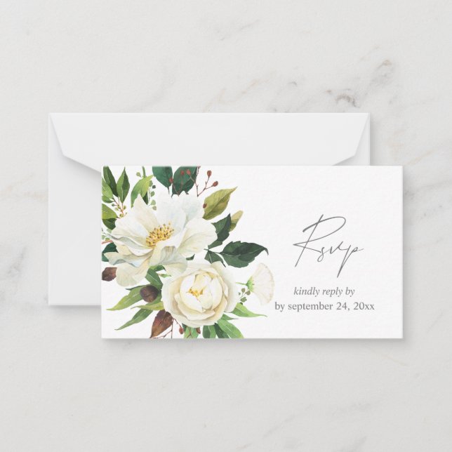 Tarjeta Pequeña Verdor floral blanco de presupuesto 2SM Comal RSVP (Anverso)
