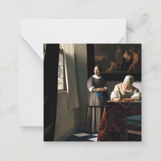 Tarjeta Pequeña Vermeer - Dama escribiendo una carta con su emplea (Anverso)