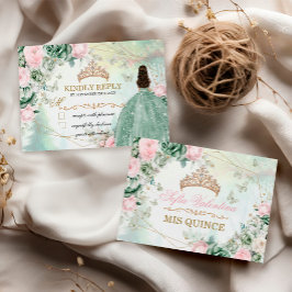Tarjeta Pequeña Vestido Verde Salvia Rosa Brillante Quinceanera 15