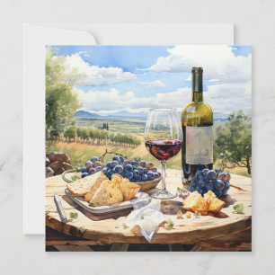 Tarjeta Pequeña Vino acuarela y fondo vitícola