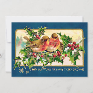 Tarjeta Pequeña Vintage Christmas Greeting Birds Holly Faux Gold