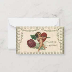 Tarjeta Pequeña Vintage Valentine Cherub, Rosa y corazón