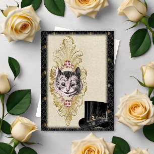 Tarjeta Pequeña Vintage Wonderland Gato Rosa de Cheshire y Sombrer