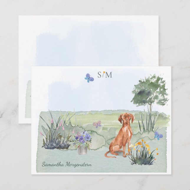 Tarjeta Pequeña Vizsla Perro Mariposa pradera Monograma y nombre (Anverso / Reverso)
