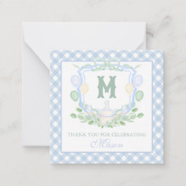 Tarjeta Pequeña Watercolor Blue 1st Birthday Monogram Crest Gift