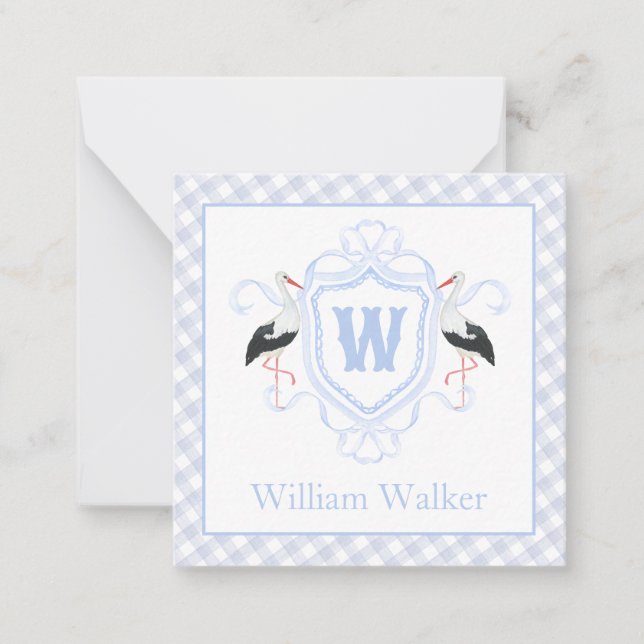 Tarjeta Pequeña Watercolor Blue Stork Gingham Monogram Crest (Anverso)
