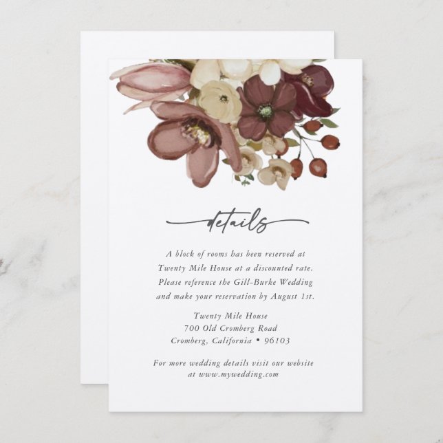 Tarjeta Pequeña Watercolor Boho Rose & Neutral Wedd Details Card (Anverso / Reverso)