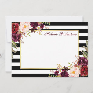 Tarjeta Pequeña Watercolor Borgoña Floral Striped Elegant