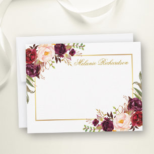 Tarjeta Pequeña Watercolor Burgundy Floral Gold Frame Personalizad