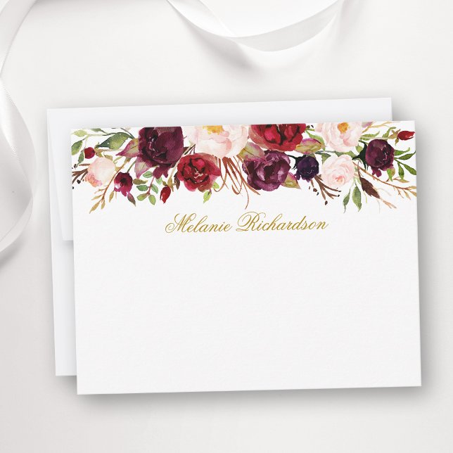 Tarjeta Pequeña Watercolor Burgundy Floral Gold Personalizado (Customize to change text color,  text style or to add more text to back of card.)