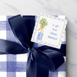 Tarjeta Pequeña Watercolor Chinoiserie Naranja Tree Topiary