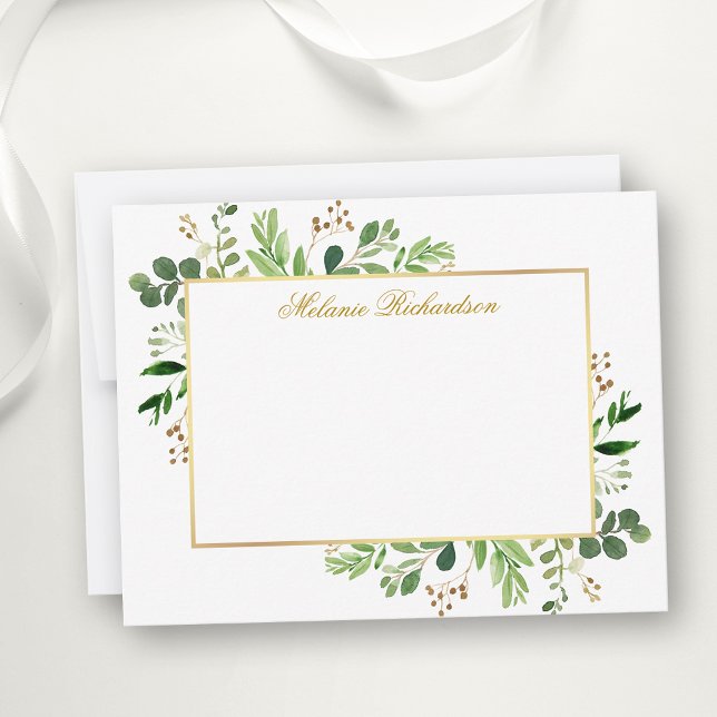 Tarjeta Pequeña Watercolor Eucalyptus Greenery Gold Personalizado (Customize to change text color,  text style or to add more text to back of card.)