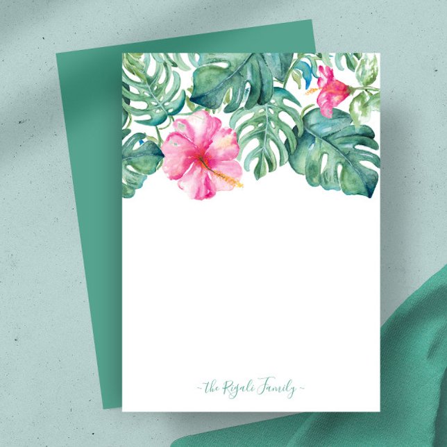 Tarjeta Pequeña Watercolor Hibiscus Personalizado Stationery (Pink hibiscus flower and monstera palm leaves notecard watercolor art by Victoria Grigaliunas)