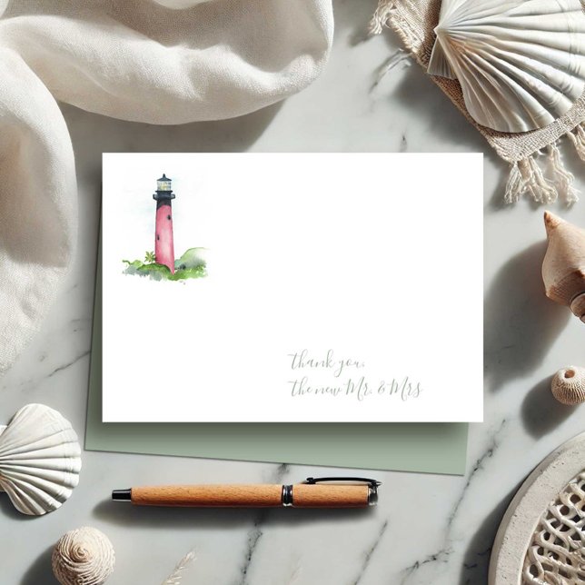 Tarjeta Pequeña Watercolor Júpiter Lighthouse Gracias Stationery (Nautical note cards watercolor lighthouse art by Victoria Grigaliunas of Do Tell A Belle)
