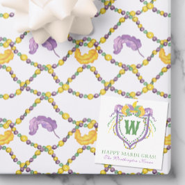 Tarjeta Pequeña Watercolor Mardi Gras Monogram Crest